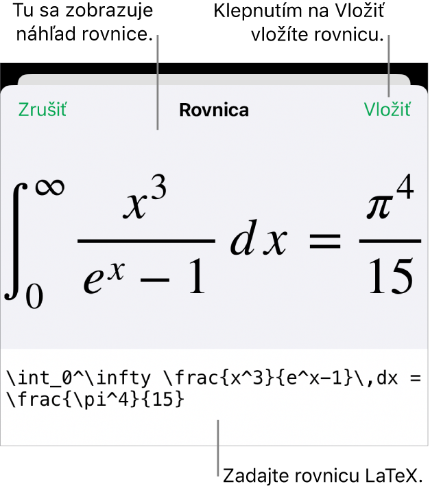 Dialógové okno Rovnica zobrazujúce rovnicu napísanú pomocou príkazov LaTeX, vyššie sa nachádza náhľad vzorca.