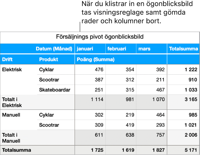 En ögonblicksbild av en pivottabell