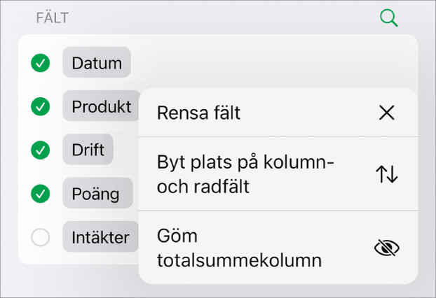 Menyn Fler fältalternativ som visar reglagen för att gömma totalsummor, byta plats på kolumn- och radfält och rensa fält.