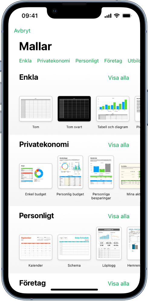 Längs överkanten i mallväljaren visas en rad med kategorier som du kan trycka på om du vill filtrera alternativen. Nedanför finns miniatyrer av fördesignade mallar som är ordnade i rader efter kategorier. Högst upp visas Senaste, följt av Enkla och Privatekonomi. Knappen Visa alla syns ovanför och till höger om varje kategorirad. Knappen för språk och region finns i övre högra hörnet.