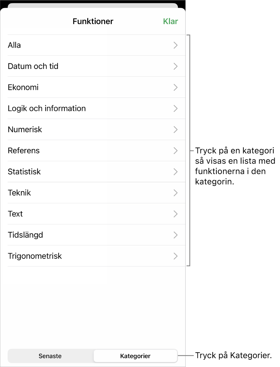 Funktionsbläddraren med knappen Kategorier markerad och listan över kategorier nedanför.