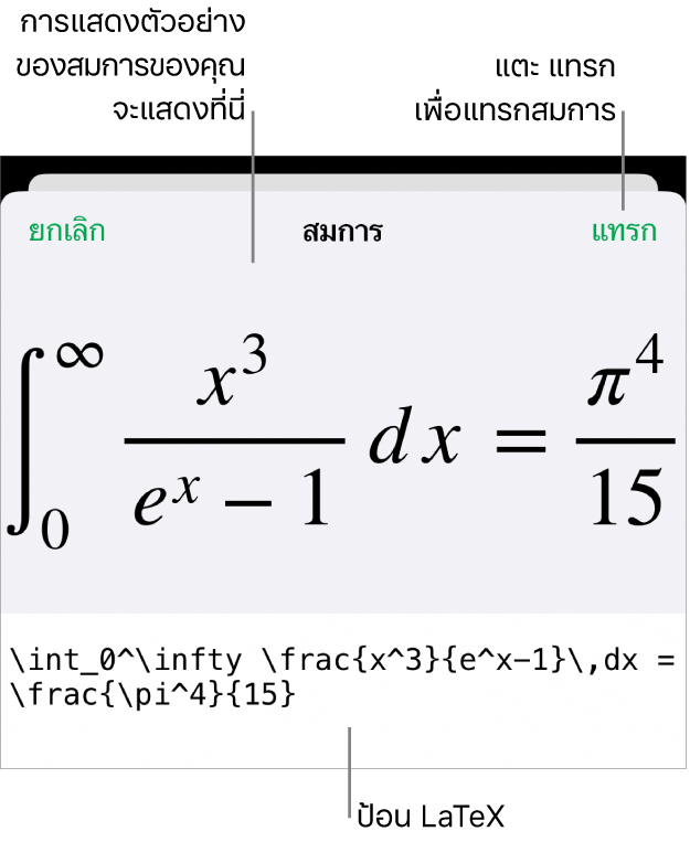 หน้าต่างโต้ตอบสมการ ที่แสดงสมการที่เขียนโดยใช้คำสั่ง LaTex และการแสดงตัวอย่างของสูตรด้านบน