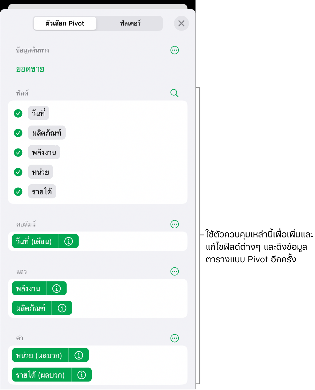 เมนูตัวเลือก Pivot ที่แสดงฟิลด์ในส่วนคอลัมน์ ส่วนแถว และส่วนค่า รวมถึงตัวควบคุมสำหรับแก้ไขฟิลด์