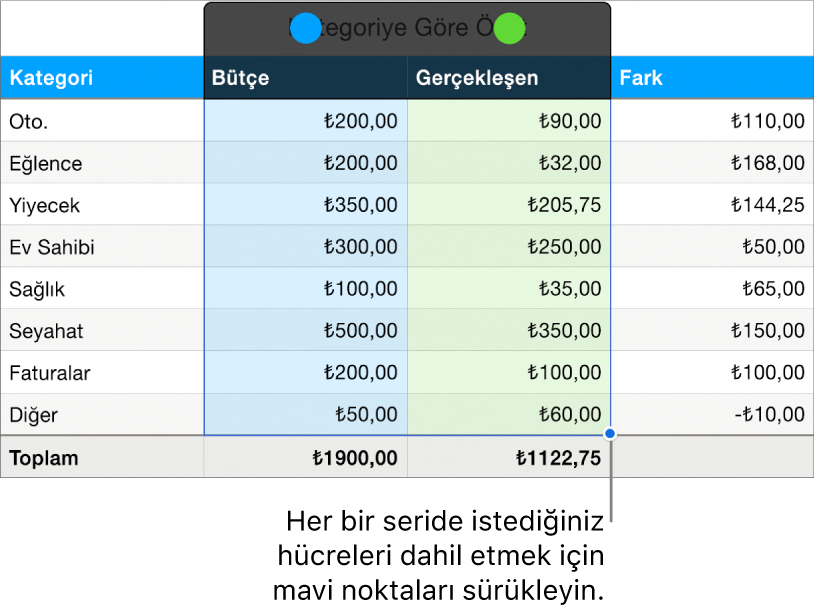 Seri seçim tutamaklarını gösteren tablo hücreleri.