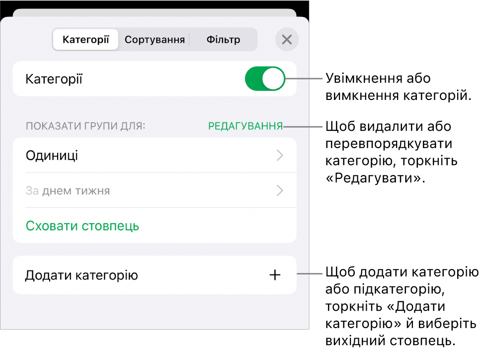 Меню категорій для iPhone містить опції для вимикання й видалення категорій, перегрупування даних, приховування вихідного стовпця й додавання категорій.