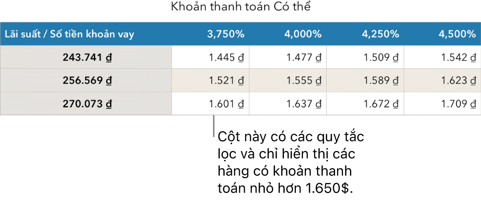 Bảng thế chấp được hiển thị sau khi lọc lãi suất có thể trả.