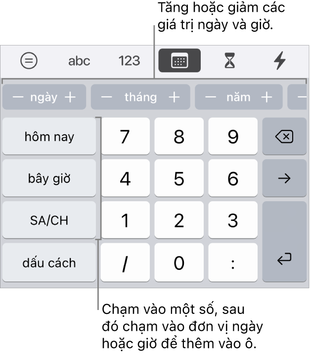 Bàn phím ngày và giờ. Một hàng các nút ở gần trên cùng hiển thị các đơn vị thời gian (tháng, ngày và năm) mà bạn có thể gia tăng để thay đổi giá trị được hiển thị trong ô. Có các phím ở bên trái cho hôm nay, bây giờ và SA/CH và các phím số ở giữa của bàn phím.