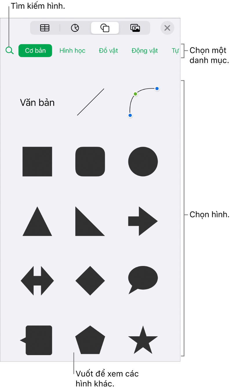 Thư viện hình dạng, với các danh mục ở trên cùng và các hình được hiển thị ở bên dưới. Bạn có thể sử dụng trường tìm kiếm ở trên cùng để tìm các hình và vuốt để xem thêm.
