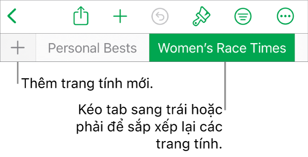 Thanh tab để thêm trang tính mới, điều hướng, sắp xếp lại vị trí và tổ chức lại trang tính.