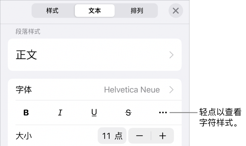 “格式”控制，顶部是段落样式，然后是“字体”控制。“字体”下方是“粗体”、“斜体”、“下划线”、“删除线”和“更多文本选项”按钮。