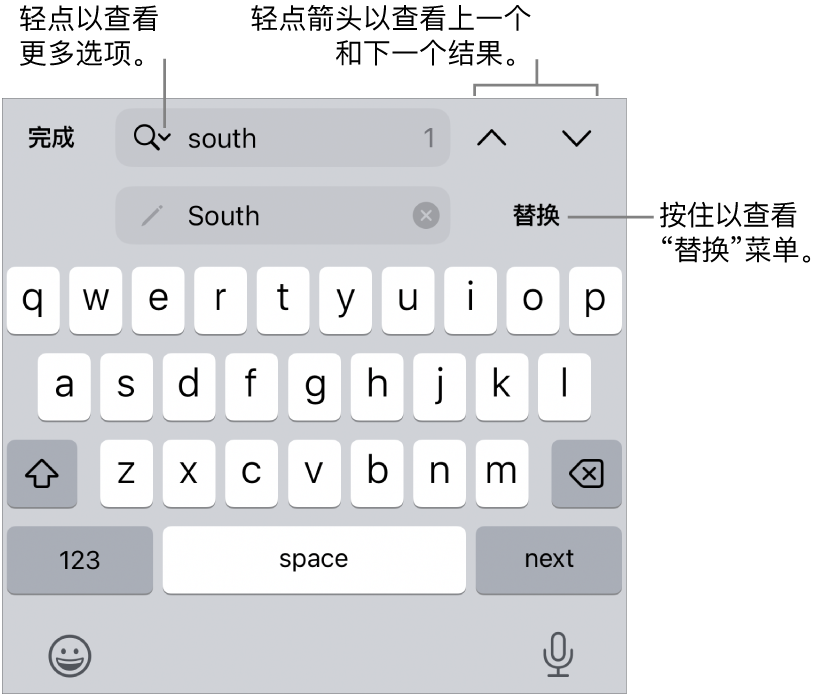 键盘上方的“查找与替换”控制，标注框指向“搜索选项”、“替换”、“前往上一个”和“前往下一个”按钮。