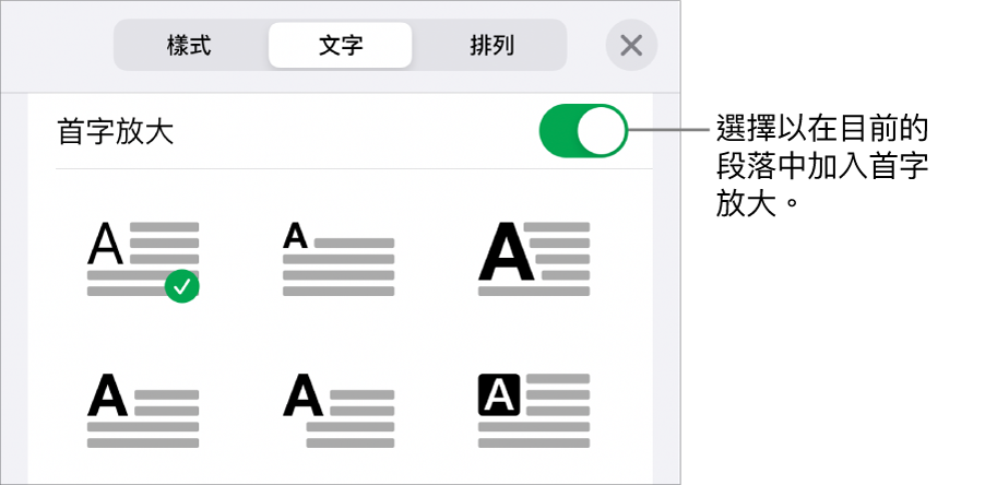 「首字放大」控制項目位於「文字」選單。