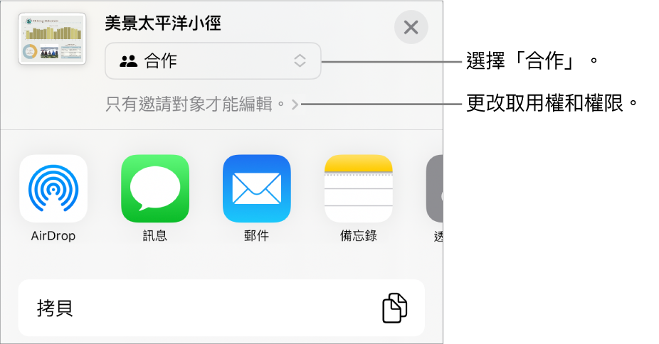 「分享」選單的最上方已選取「合作」，其下方為取用和權限設定。