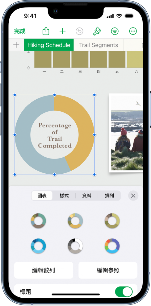 顯示已完成路線百分比的圓餅圖。「格式」選單也已開啟，顯示可選擇的不同圖表樣式，以及用於編輯數列或圖表偏好設定，以及開啟或關閉圖表標題。