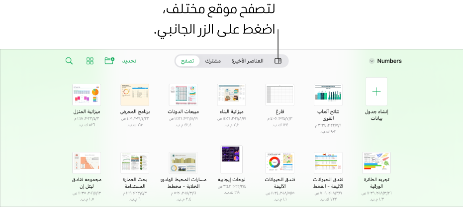 عرض التصفح في مدير جداول البيانات يعرض رابط موقع في الزاوية العلوية اليمنى وأسفله حقل بحث. في الزاوية العلوية اليسرى يوجد زر إضافة جدول بيانات؛ وزر مجلد جديد؛ قائمة منبثقة لاستخدام طريقة عرض القائمة أو الأيقونات، وللتصفية حسب الاسم والتاريخ والحجم والنوع والعلامة، وزر تحديد. أسفل هذه الأزرار توجد صور مصغرة لجداول البيانات الموجودة.