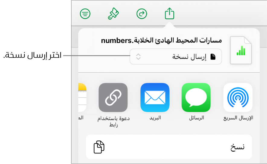 القائمة مشاركة حيث يظهر بها الخيار إرسال نسخة محددًا في الجزء العلوي.