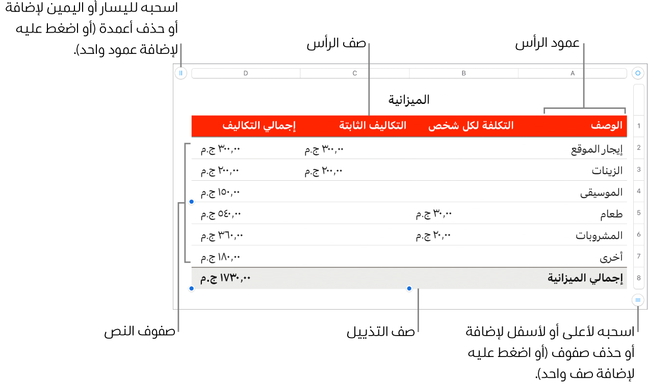 جدول يعرض أعمدة وصفوف الرأس، والمحتوى، والتذييل، والمقابض لإضافة الصفوف والأعمدة أو حذفها.