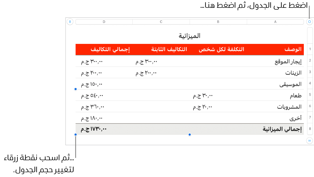 جدول محدد وبه نقاط زرقاء لتغيير الحجم.