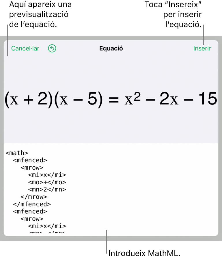 El quadre de diàleg Equació amb una equació escrita amb les ordres MathML i una previsualització de la fórmula al damunt.
