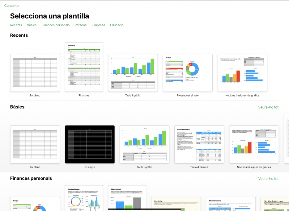 El selector de plantilles, amb una fila de categories a la part superior que pots tocar per filtrar les opcions. A sota hi ha miniatures de plantilles predissenyades ordenades en files per categoria: la primera, a la part superior, és “Bàsiques”, seguida de “Finances personals”, “Personal”, “Negocis” i “Educació”. Es mostra el botó “Veure-ho tot” a la part superior i a la dreta de cada fila de categories. El botó de cancel·lar és a l’angle superior dret.