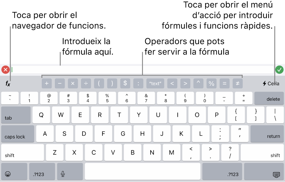 El teclat de fórmules, amb l’editor de fórmules a la part superior i els operadors que s’utilitzen en les fórmules a sota. El botó Funcions per obrir l’explorador de funcions està situat a l’esquerra dels operadors i el botó “Menú d’accions” està situat a la dreta.