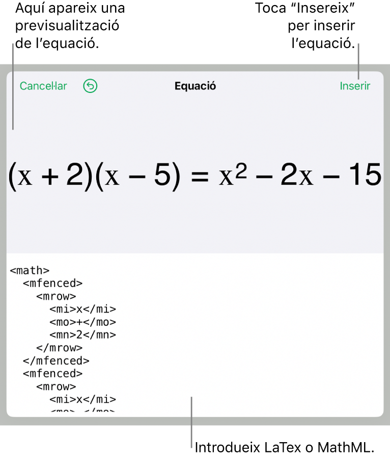 El quadre de diàleg Equació amb una equació escrita amb les ordres MathML i una previsualització de la fórmula al damunt.