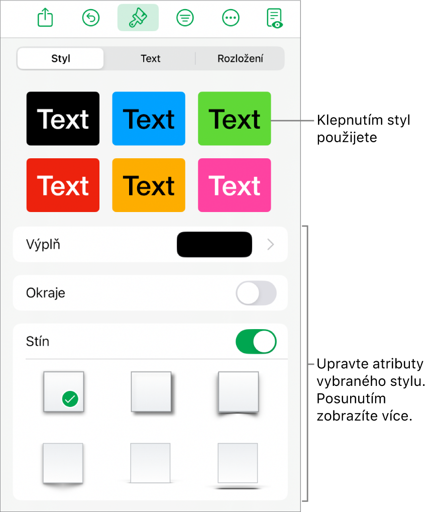 Panel Styl v nabídce Formát se styly objektů u horního okraje; pod nimi jsou ovládací prvky pro změnu výplně, ohraničení a stínu