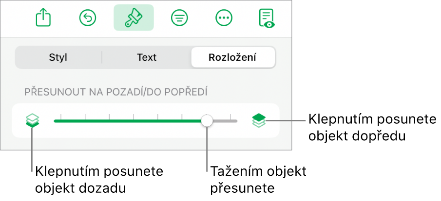 Tlačítko pro přesun vzad, tlačítko pro přesun vpřed a posuvník vrstev