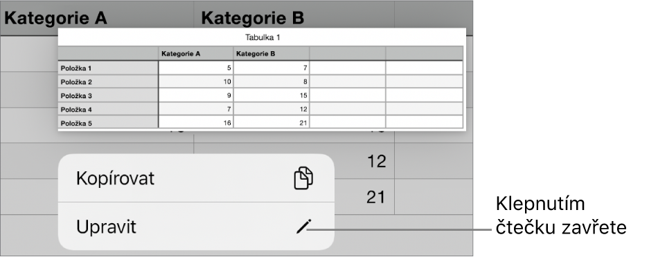 Je vidět vybraná buňka tabulky; nad ní se nachází nabídka s tlačítky Kopírovat a Upravit