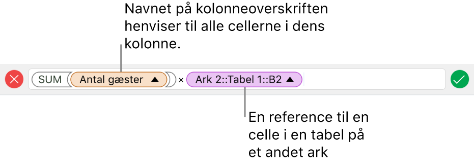 Formelværktøjet, der viser en formel, som refererer til en kolonne i en tabel og en celle i en anden tabel.