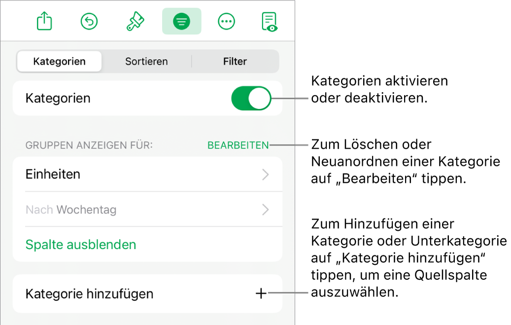 Das Menü „Kategorien“ für iPad mit Optionen zum Deaktivieren von Kategorien, zum Löschen von Kategorien, zum Neugruppieren von Daten, zum Ausblenden einer Quellenspalte und zum Hinzufügen von Kategorien