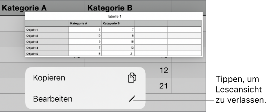 Eine Tabellenzelle ist ausgewählt und darüber befindet sich ein Menü mit den Optionen „Kopieren“ und „Bearbeiten“.