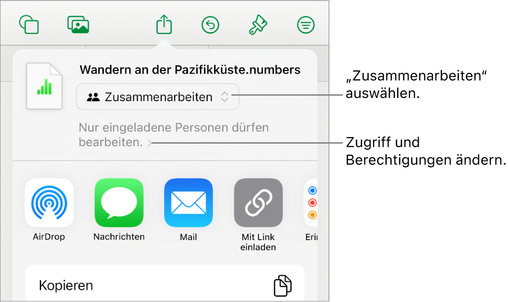 Im Menü „Teilen“ ist „Zusammenarbeiten“ oben ausgewählt und die Einstellungen für Zugriff und Berechtigungen befinden sich darunter.