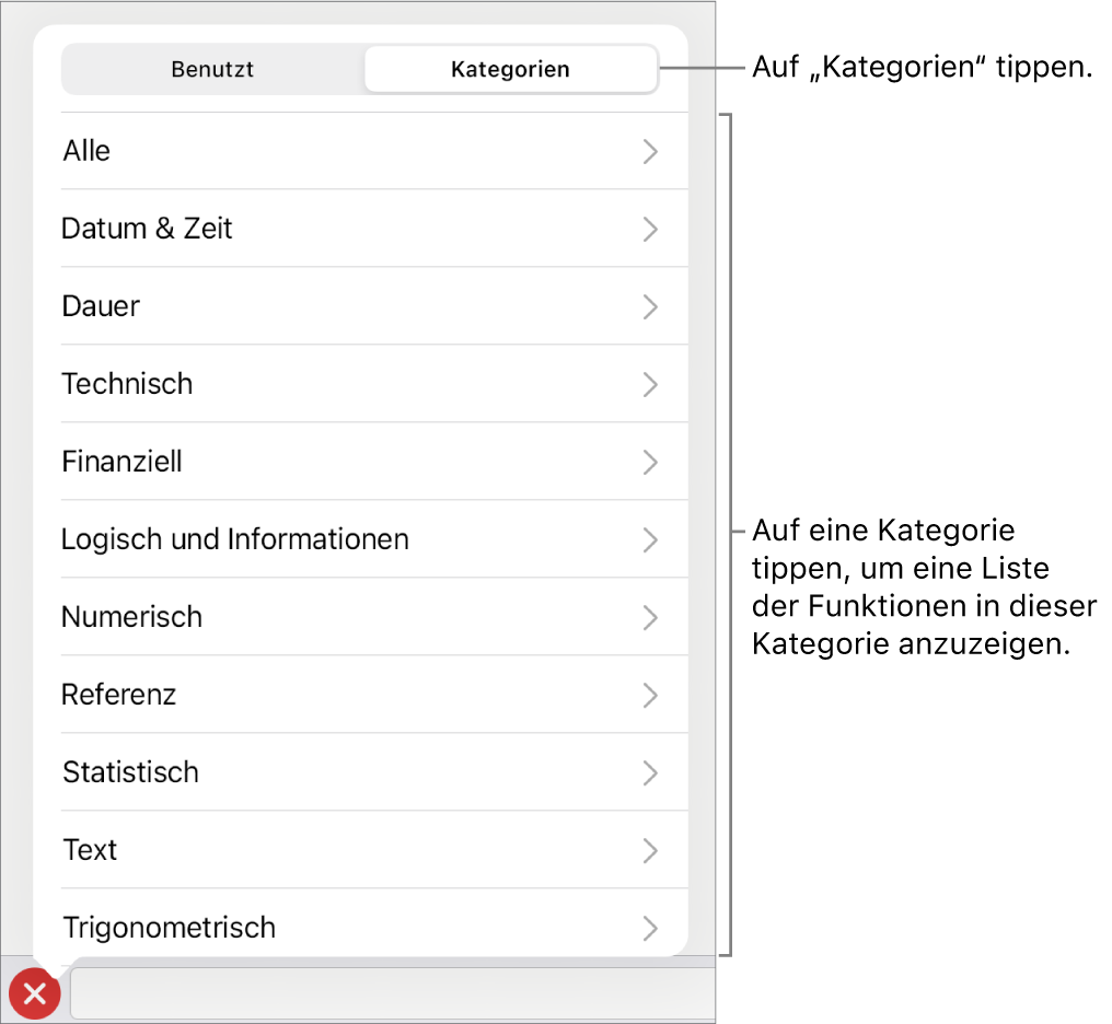 Die Funktionsübersicht mit ausgewählter Taste „Kategorien“, darunter befindet sich die Liste der Kategorien.