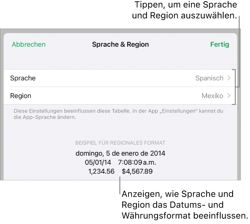 Das Fenster „Sprache & Region“ mit Einblendmenüs für Sprache und Region sowie einem Formatierungsbeispiel für Datum, Uhrzeit, Dezimalstellen und Währung.