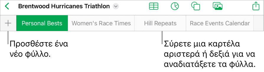 Η γραμμή καρτελών για προσθήκη νέου φύλλου, πλοήγηση, αναδιάταξη και αναδιοργάνωση φύλλων.