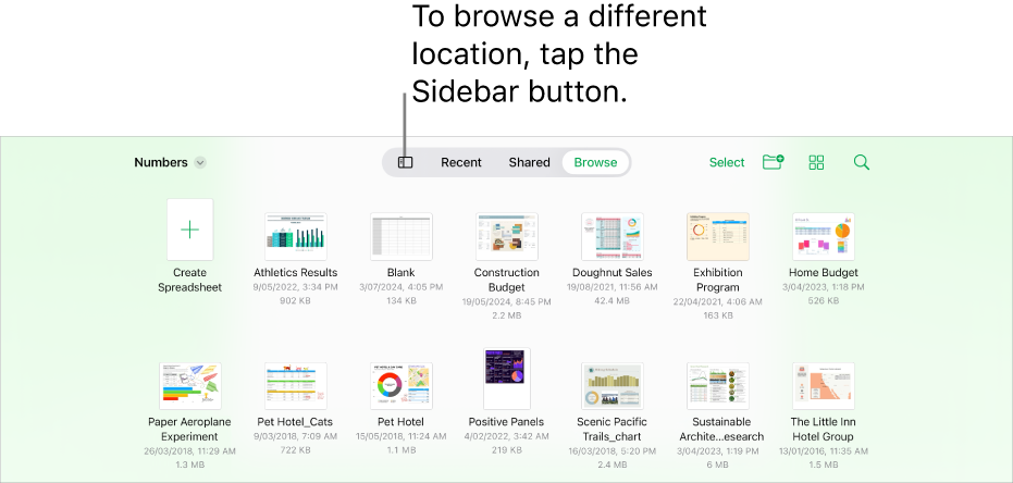 The browse view of the spreadsheet manager with the Sidebar button in the top-left corner. At the top right are the Add button, the New Folder button, the Icons button (to sort by name, date, size or tag), the Select button and the Search button.