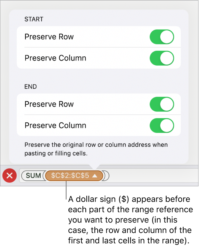 The controls for specifying which of a cell’s row and column references should be preserved if the cell is moved or copied. A dollar sign appears before each part of the range reference you want to preserve.