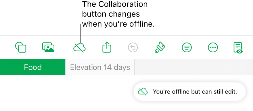 The buttons at the top of the screen, with the Collaboration button changed to a cloud with a diagonal line through it. An alert on the screen says “You’re offline but can still edit”.