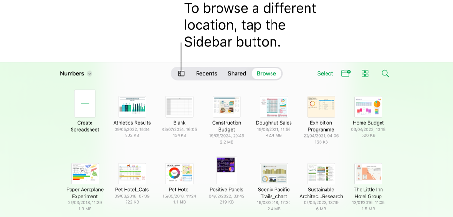 The browse view of the spreadsheet manager with a location link in the top-left corner and below it a Search field. In the top-right corner are the Add a Spreadsheet button; the New Folder button; a pop-up menu to use list or icon view, and to filter by name, date, size, kind and tag; and the Select button. Below these are thumbnails of existing spreadsheets.