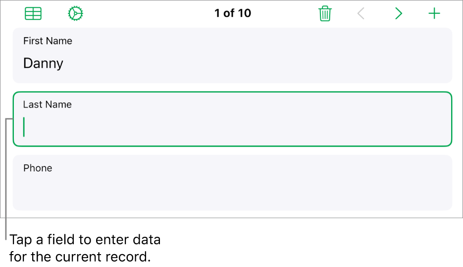 A record in a form showing an active field with an insertion point.