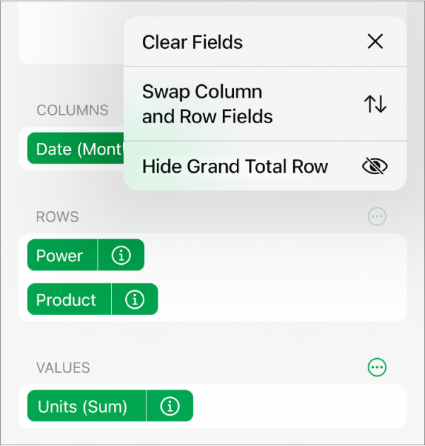 The More Field Options menu, showing the controls to hide grand totals, swap column and row fields, and clear fields.