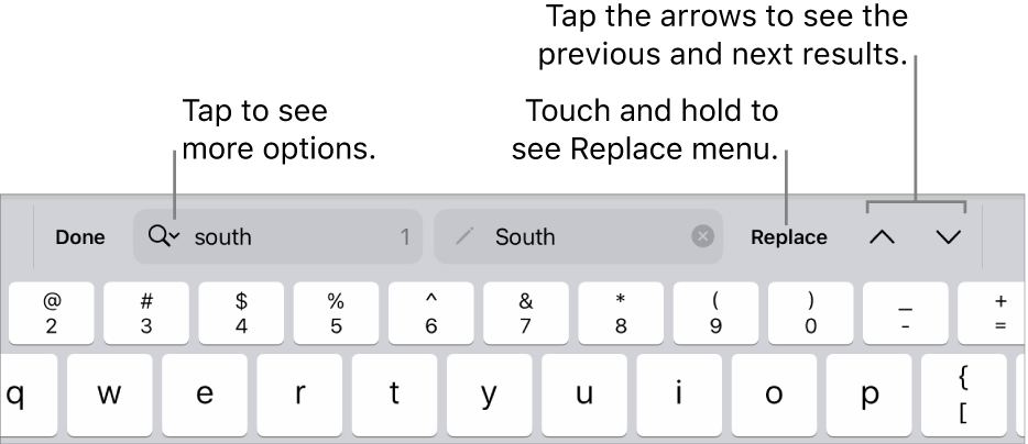 The Find & Replace controls above the keyboard with callouts to the Search Options, Replace, Go Up, and Go Down buttons.