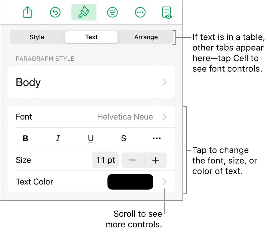 Text controls in the Format menu for setting paragraph and character styles, font, size, and color.