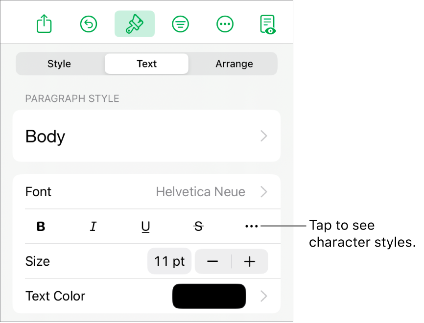 The Format controls with paragraph styles at the top, then Font controls. Below Font are the Bold, Italic, Underline, Strikethrough, and More Text Options buttons.