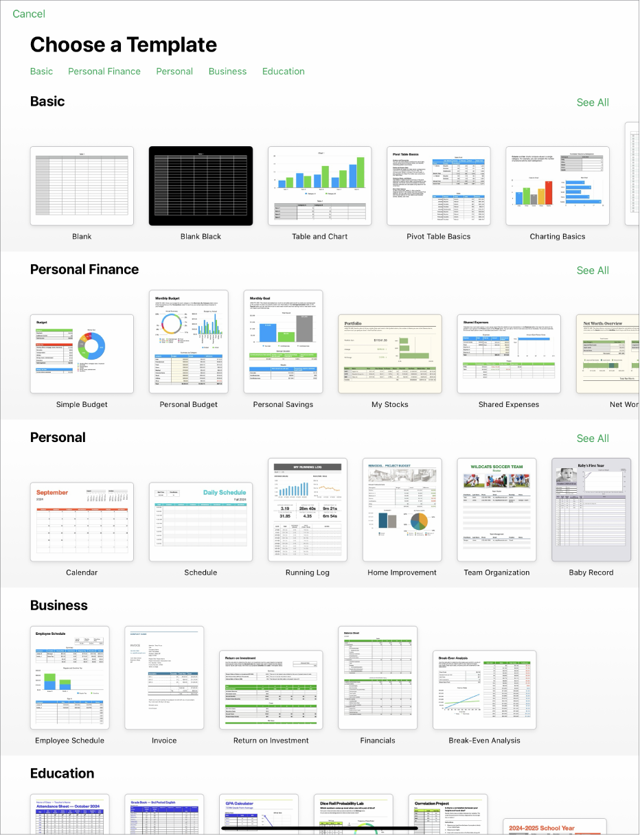 The template chooser, showing a row of categories across the top that you can tap to filter the options. Below are thumbnails of predesigned templates arranged in rows by category.