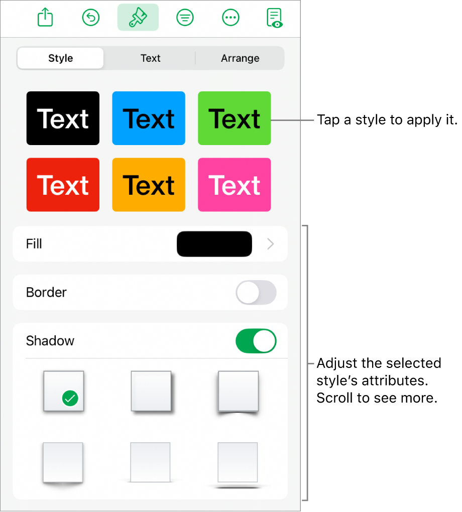 The Style tab of the Format menu, with object styles at the top and controls below them to change the fill, border, and shadow.