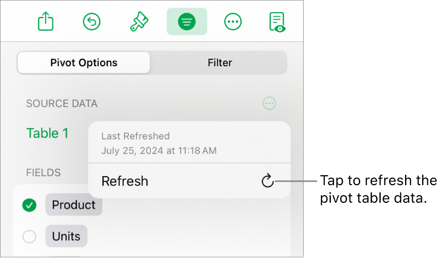 The Pivot Options menu showing the option to refresh the pivot table.