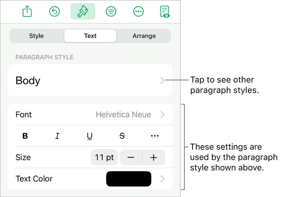 The Format menu showing text controls for setting paragraph and character styles, font, size, and color.