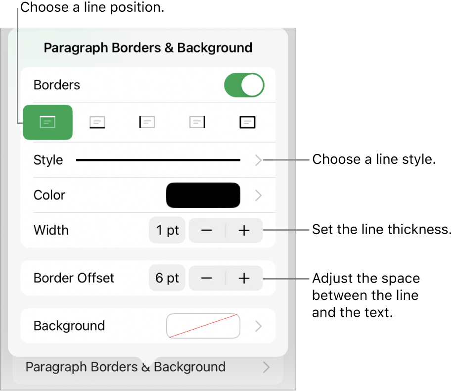 Controls to change the line style, thickness, position, and color.